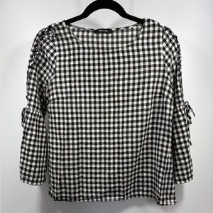 Madewell Blach White Gingham Tie Sleeve 100% Cotton Blouse Top